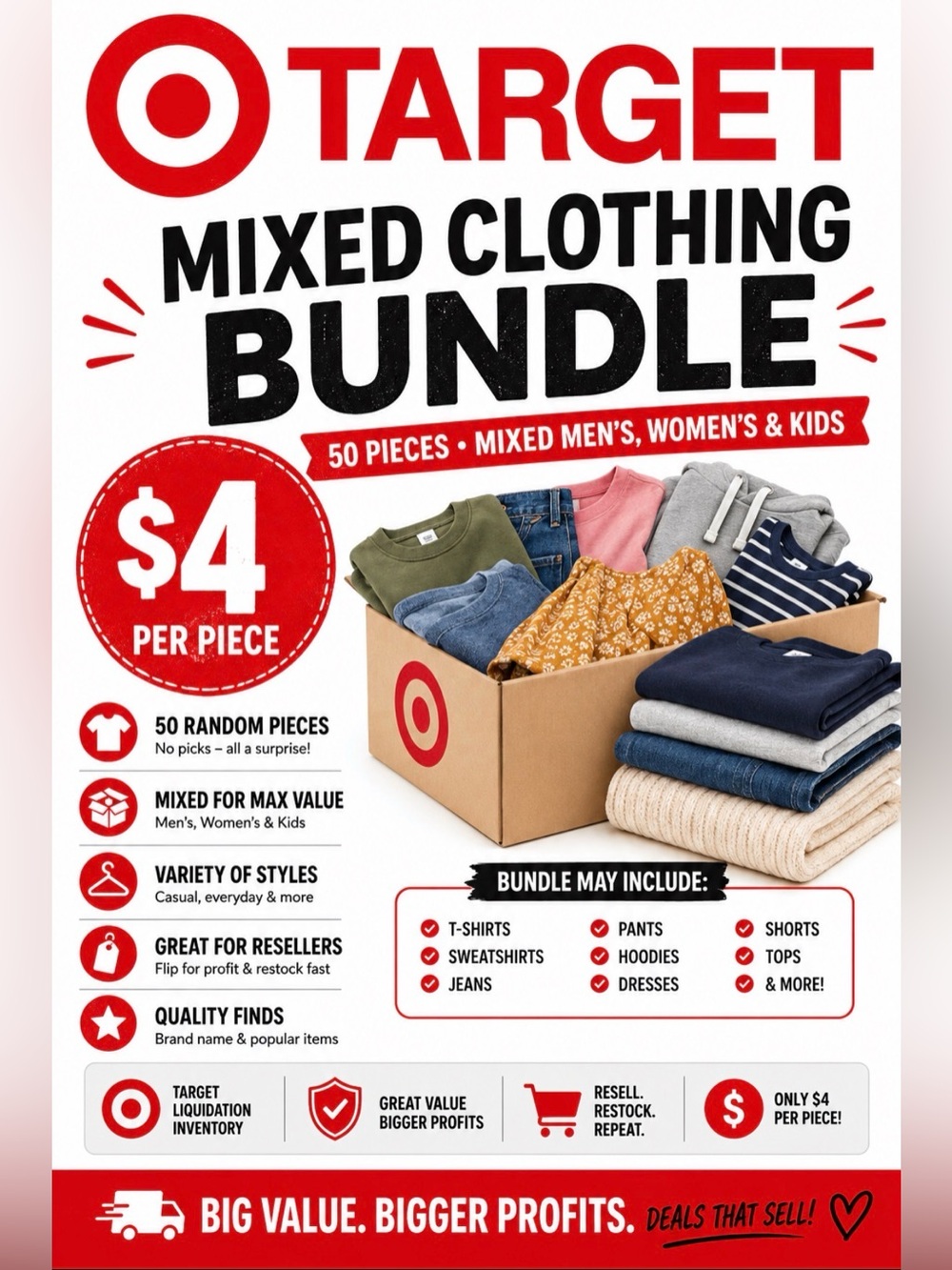 Target 🎯Mixed Clothing Reseller Bundle 50 Pieces Men Women Kids $4 Each Bulk Lot